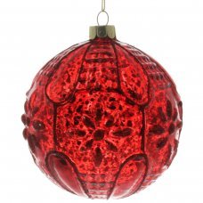 Χριστουγεννιάτικη Γυάλινη Κόκκινη Μπάλα, με Ανάγλυφα Λουλούδια (8cm)